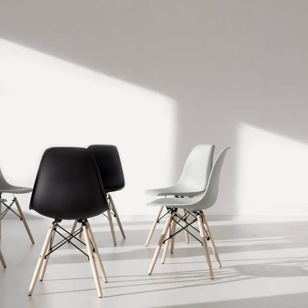 black white natural wood stools