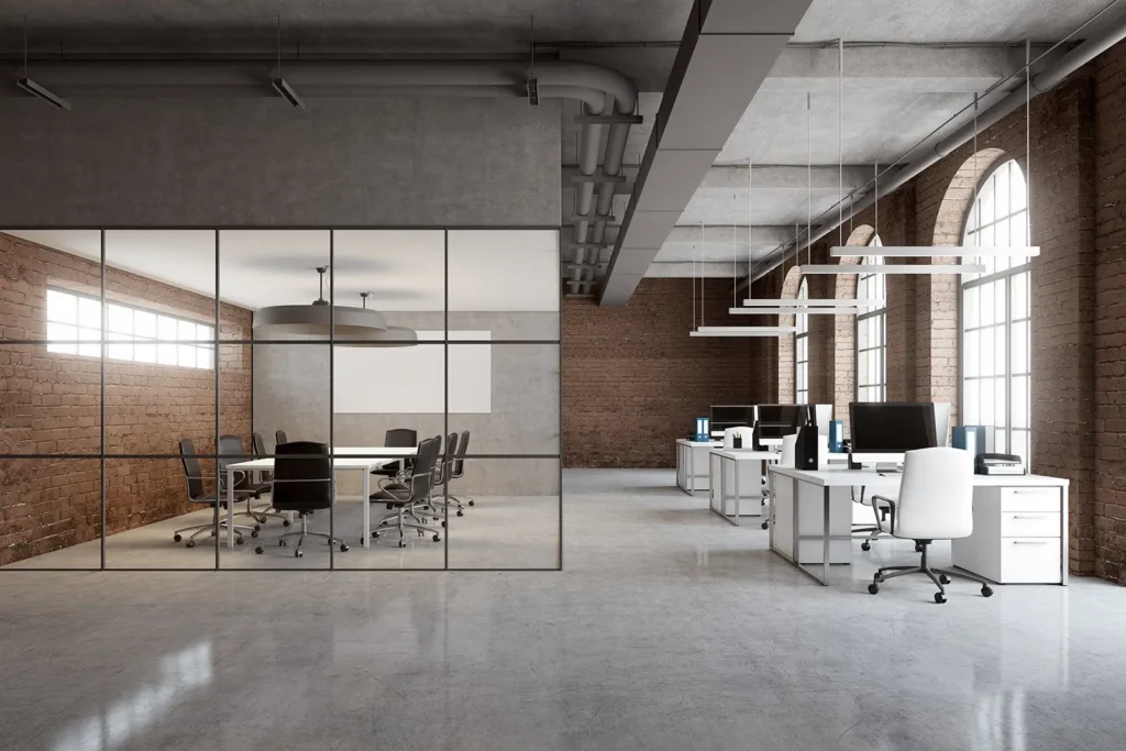 modern office with light colored furniture