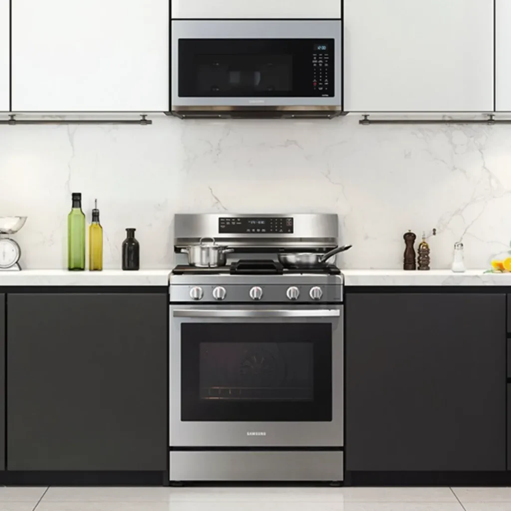 samsung 3022 free standing gas range with true convection illuminated knobs in kitchen