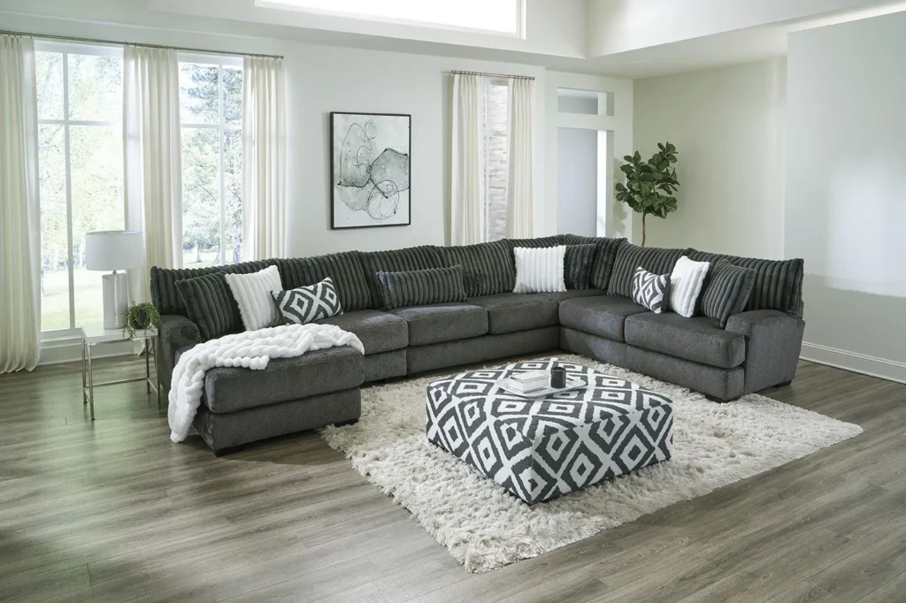 3 pc loughton gun metal chenille fabric sectional sofa with chaise