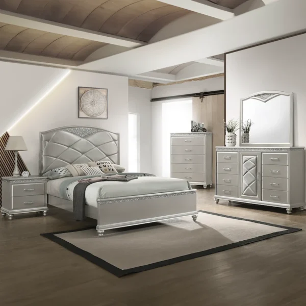valiant champagne silver upholstered panel bedroom set square b4780