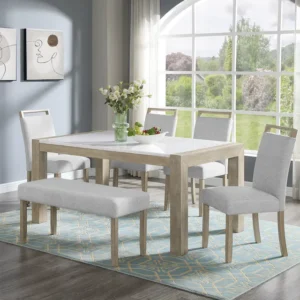 vassar natural + white marble 66" dining table with upholstered bench set for 4
